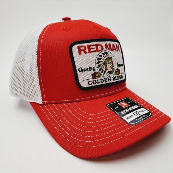 Richardson 112 Red Man Embroidered Patch Mesh Snapback Hat Cap Red White - Picture 3 of 4